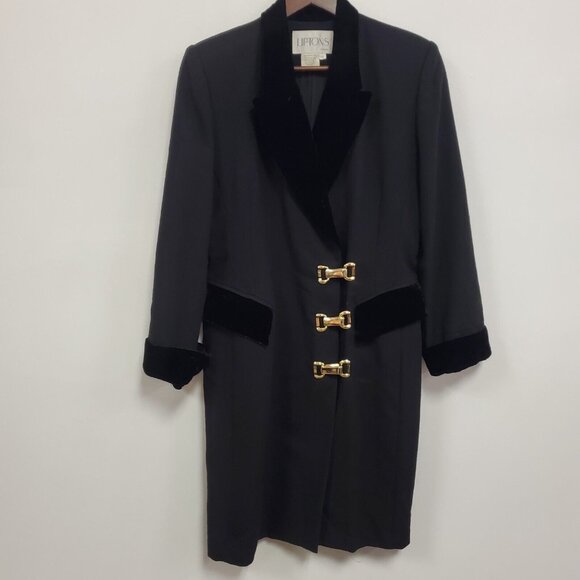 VTG Liptons Womens Old Money Velvet Trim Overcoat Size 10 Black Formal Mob Wife - Picture 1 of 10